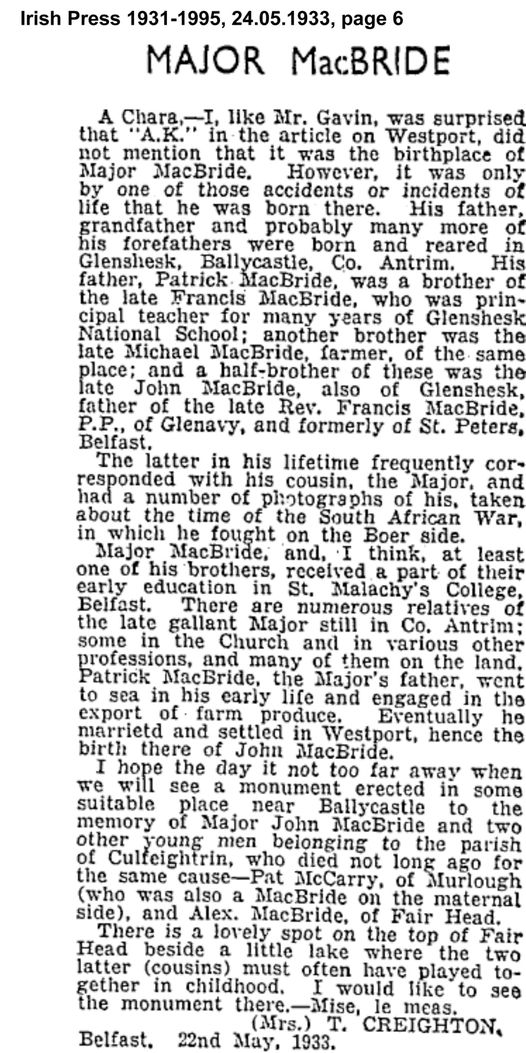 Major John MacBride, McBride, Irish Press, May 1933