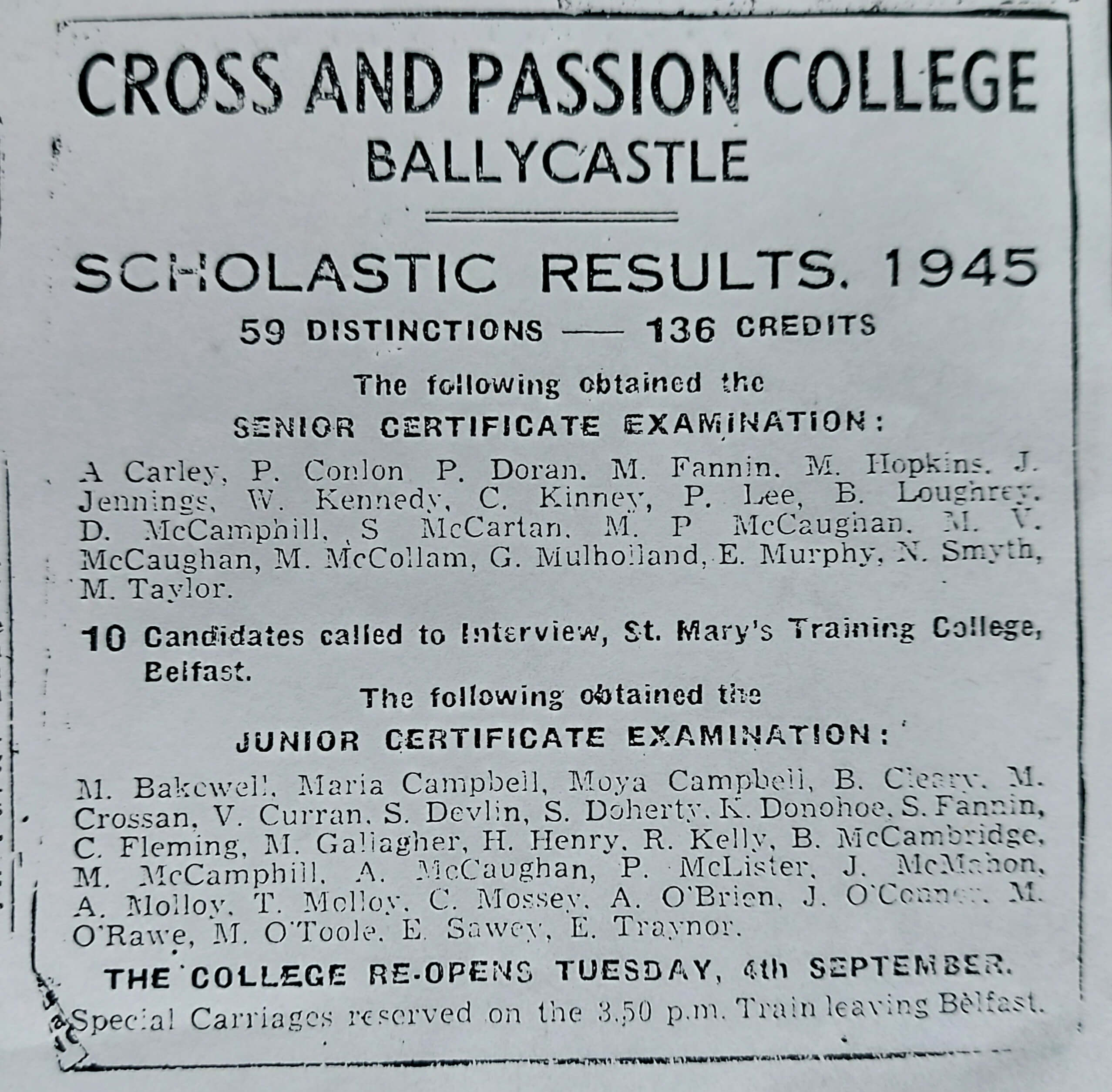 Cross and Passion College Results, Ballycastle, 1945