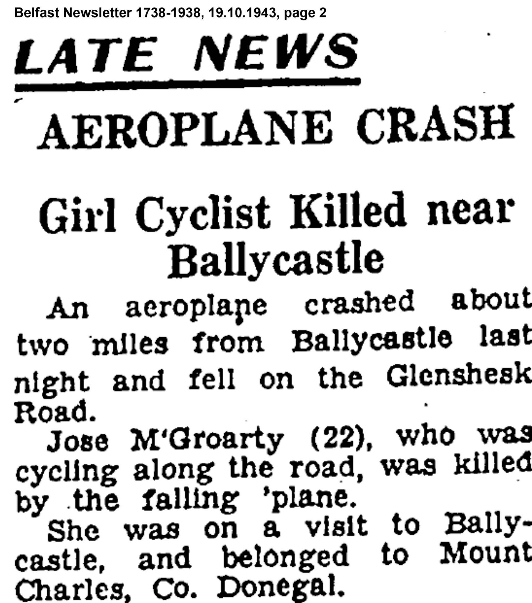 Plane Crash at Glenshesk, Ballycastle, Belfast Newsletter 1738-1938 19.10.1943 page 2