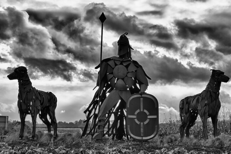 Fionn mac Cumhaill, the Rífhéinní, with his hounds Bran and Sceolaing reimagined in a modern sculpture, Ireland ,Íomhá. Narcolepsy 2012